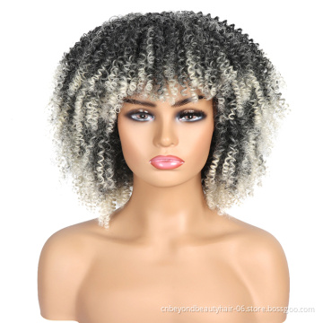 Short Hair Afro Kinky Curly Wigs With Bangs For Black Women African Synthetic Omber Glueless Cosplay Wigs High Temperature